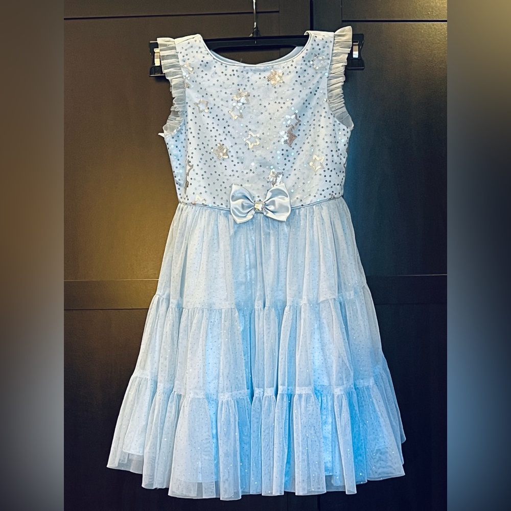 Girls' Light Blue Sequin Star Tulle Tiered Dress by Jona Michelle. Formal. Sz 7
